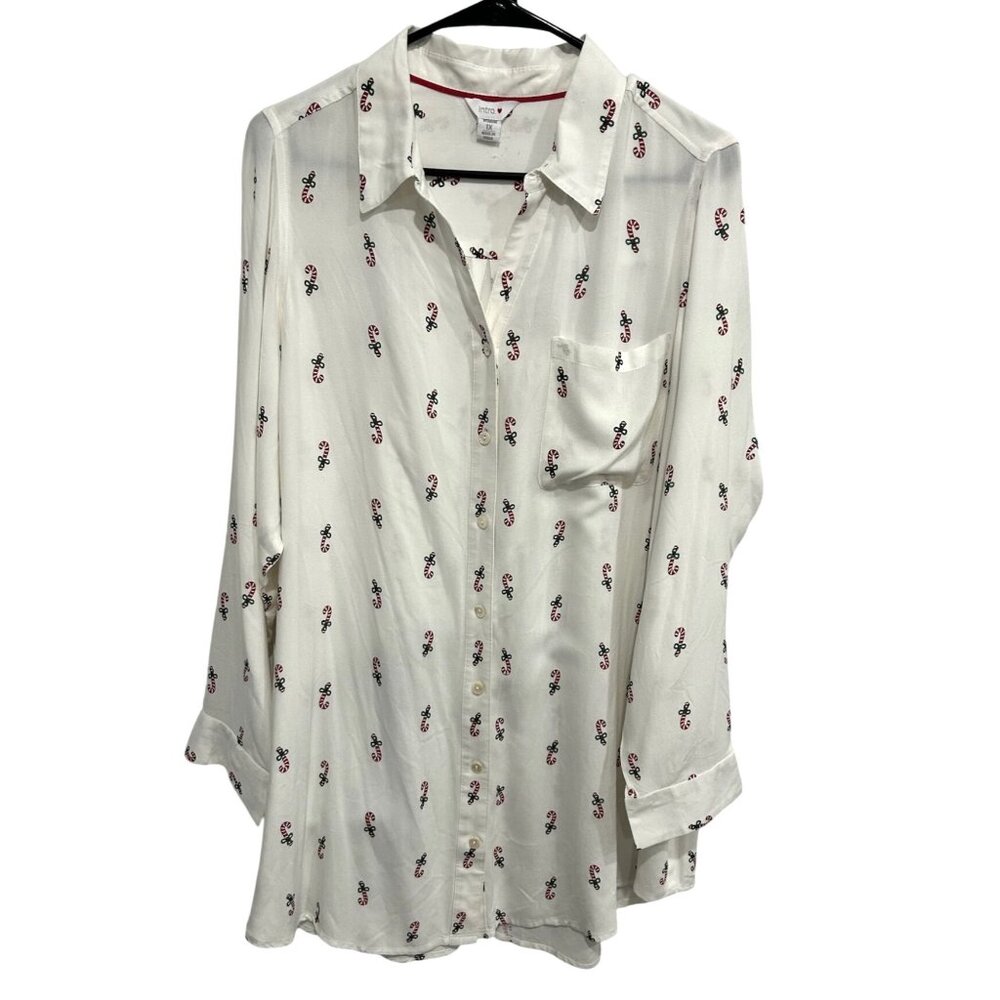 Intro Womans White Button-Up Blouse Candy Cane Pr… - image 1